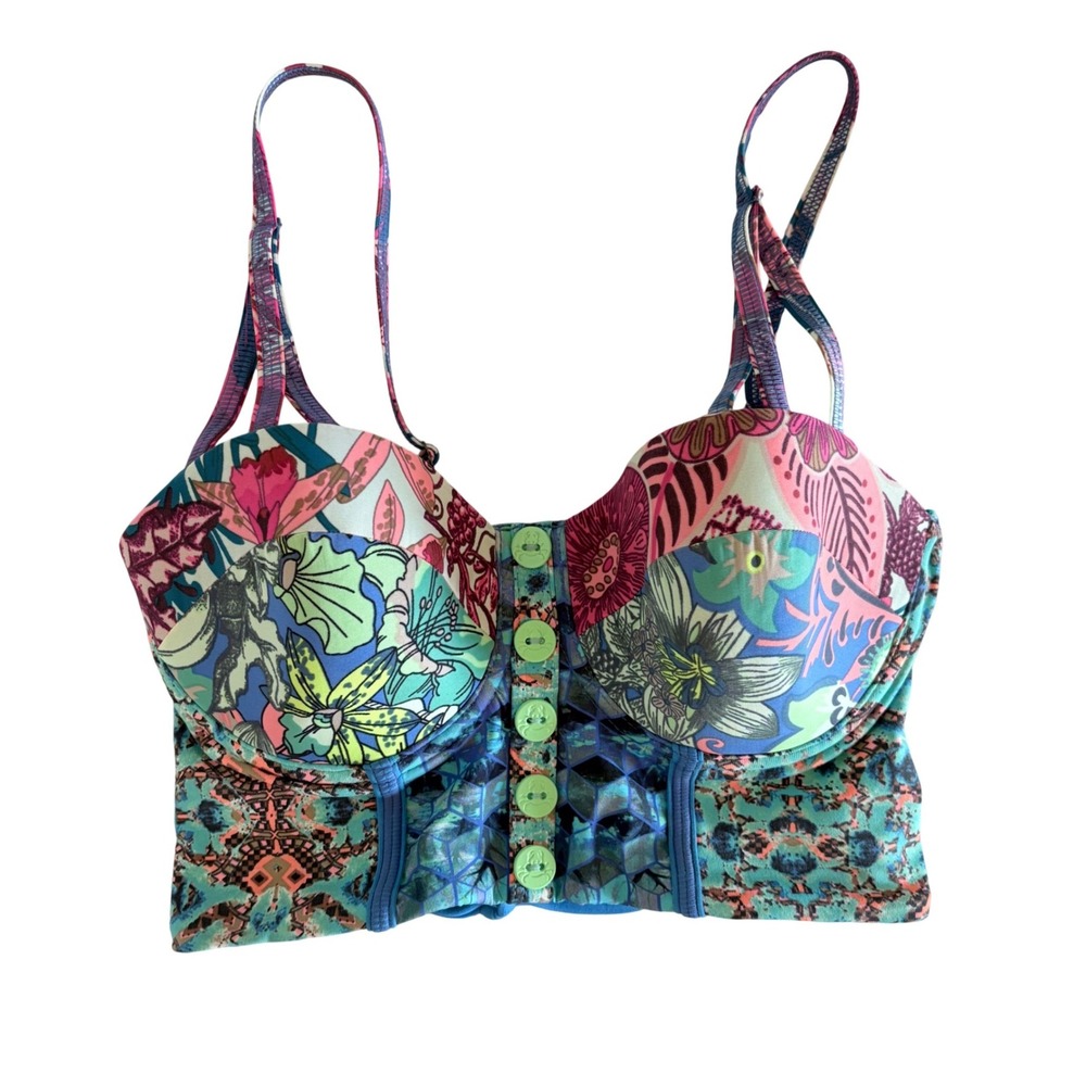 Floral Mixed-Print Longline Bikini Top in Pink & Teal